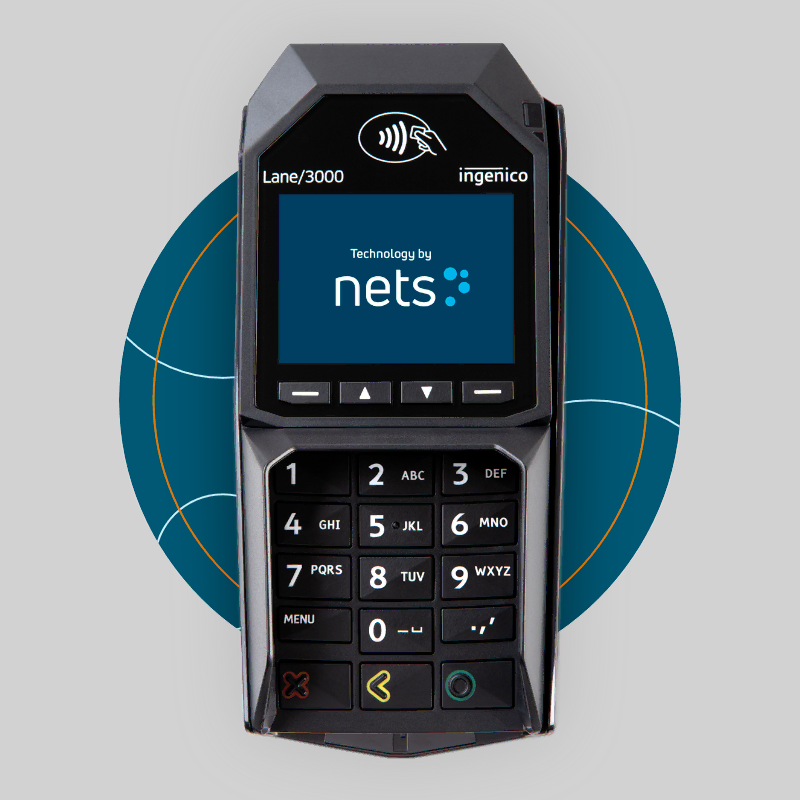 Nets Lane 3000 kassasystem integrerad betalterminal — 374 kr /mån, startavgift 495 kr.