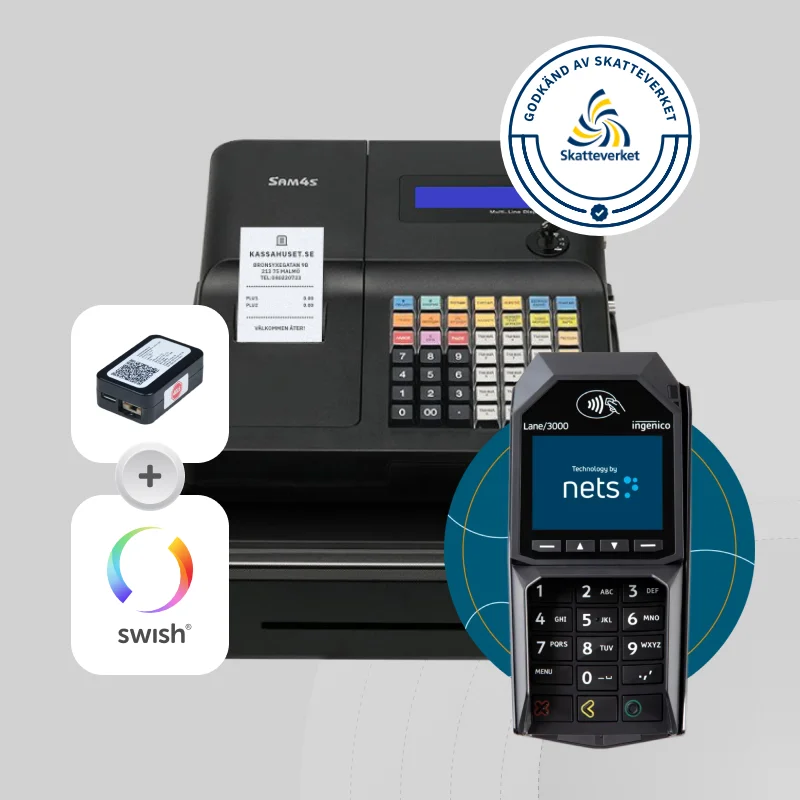 SAM4S ER260EJ kassaregister med kontrollenhet och Nets Lane 3000 kortterminal, godkänt av Skatteverket och stöd för Swish betalning.