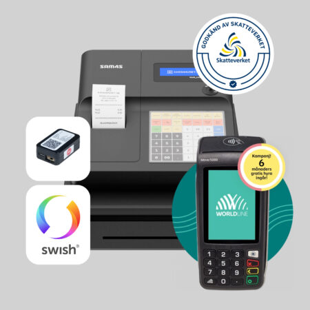 SAM4S ER265EJ kassaregister med kontrollenhet, godkänt av Skatteverket och stöd för Swish betalning.